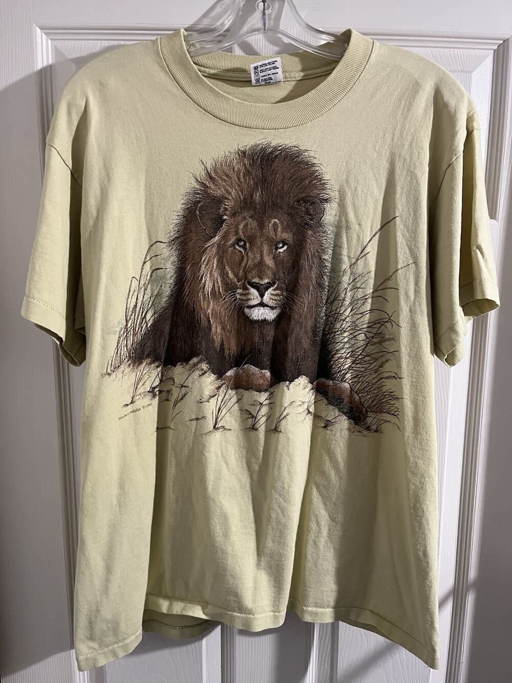 1995 Fletchers Wildlife Lion T Shirt Sz L Red Bar Anvil Nature